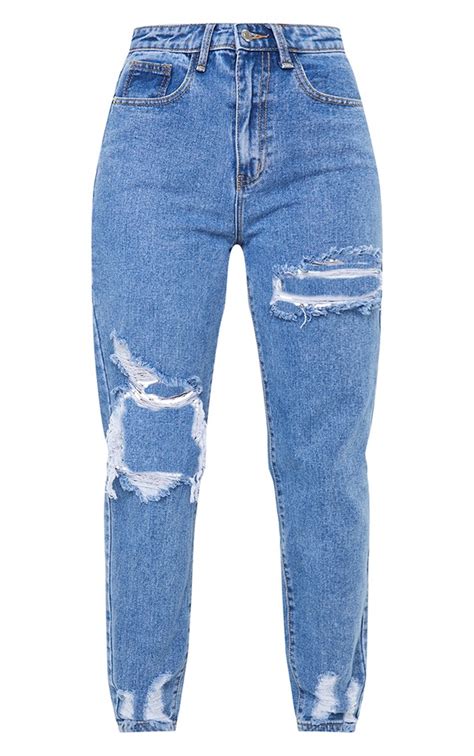 Plt Mid Blue Wash Open Knee Ripped Mom Prettylittlething Usa