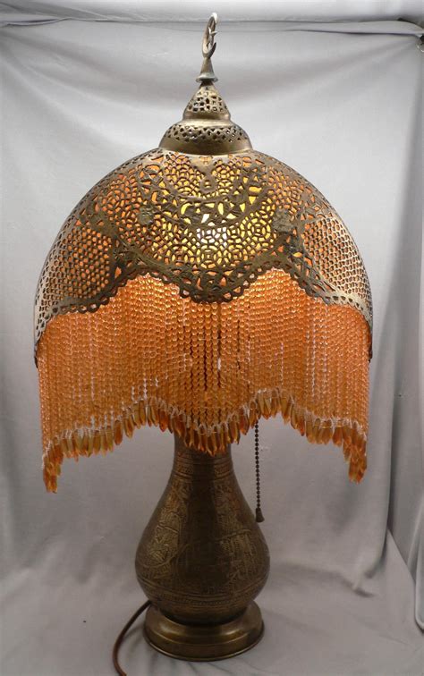 Antique C1915 Pierced Brass Moorish Beaded Fringe Crescent Table Lamp