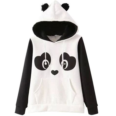 Black Cute Panda Ladies Printed Fleece Casual Hoodie 38 Liked On