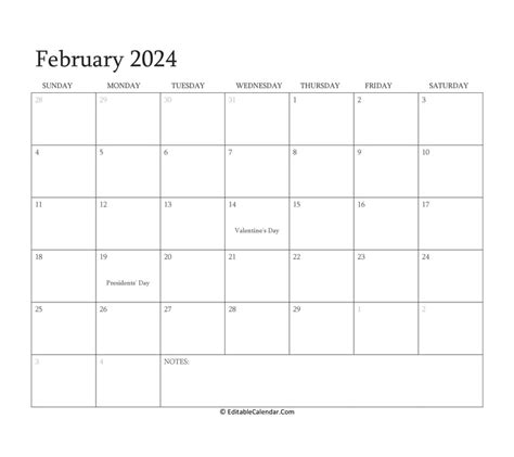 February Editable Calendar With Holidays