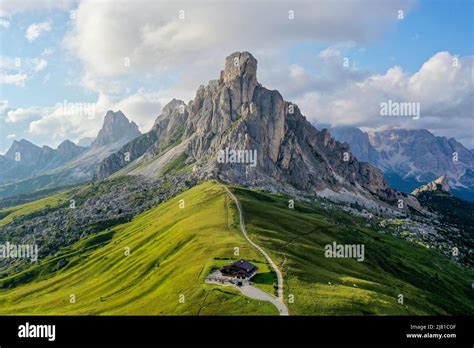 Panoramic View Of Passo Giau In The Dolomite Mountains Of Italy Stock
