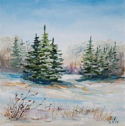 Winter Landscape Oil Painting Original Art Winter Forest Painting Green