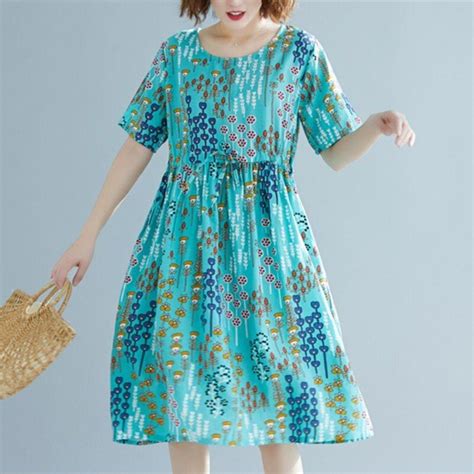 New Fashion Spring Summer Cotton Linen Floral Print Loose Dress Casual
