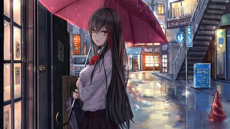 2560x1440 Anime Girl Rain Umbrella Looking At Viewer 1440p Resolution