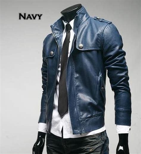 mens leather jacket navy blue