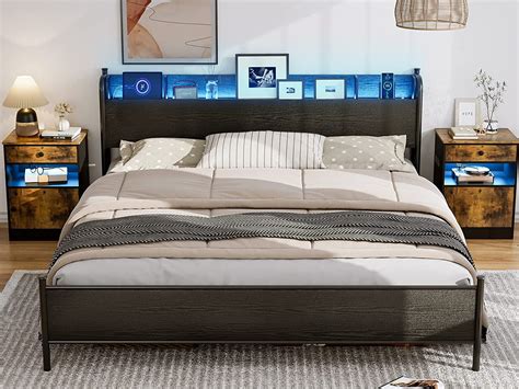 Ikifly King Size Bed Frame With Storage Shelf Headboard And 2 Usb Ports