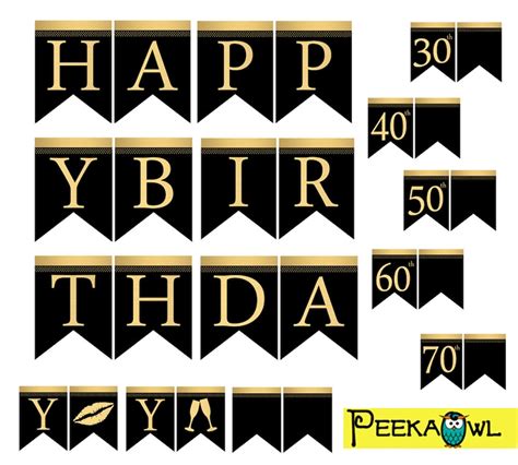 Instant Download Black Gold Birthday Banners Printable Happy Etsy