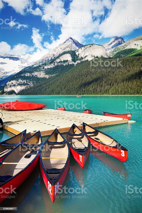 Canoe Rental Service On Lake Louise Of Banff National Park Stock Photo