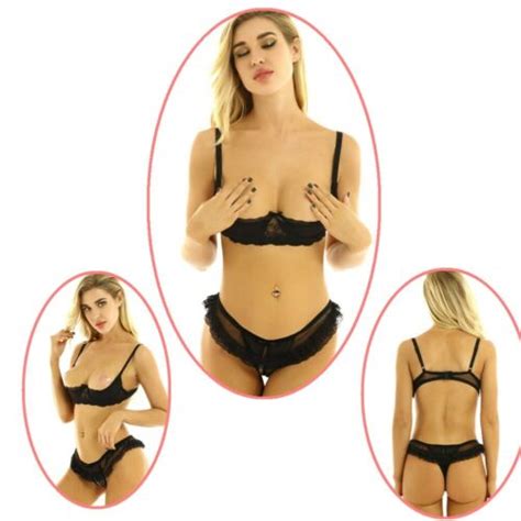 Women Lingerie Set Breastless Bra With Step Open String Thong Clubwear Sexy Ebay