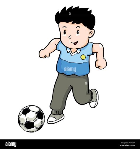 Boy Playing Football Cartoon Kid Play Soccer Vector Illustration
