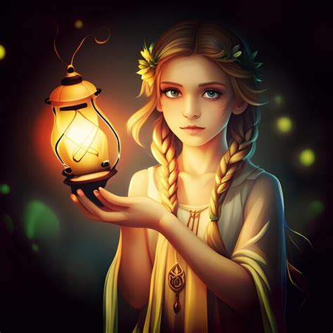 Premium Ai Image Cute Little Fairy With Beautiful Long Braided Hairstyle Holding A Lantern Ai