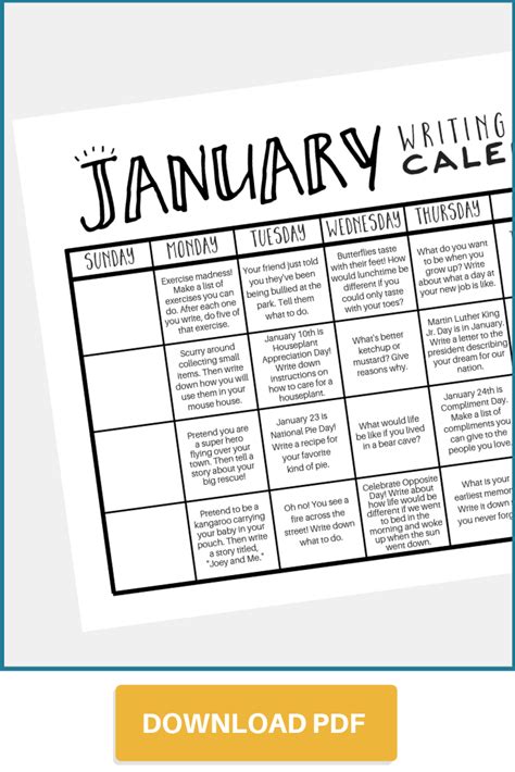 January Writing Prompt Calendar The Homeschool Resource Room