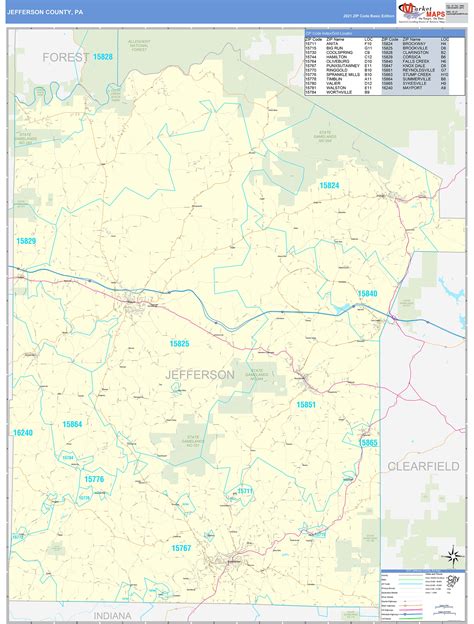 Jefferson County Pa Zip Code Wall Map Basic Style By Marketmaps Mapsales