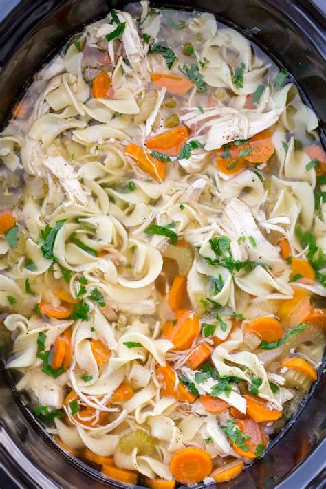 Stir the noodles into the soup and cook until done, 6 to 10 minutes depending on the type of noodles used. Crockpot Chicken Noodle Soup Recipe - Valentina's Corner