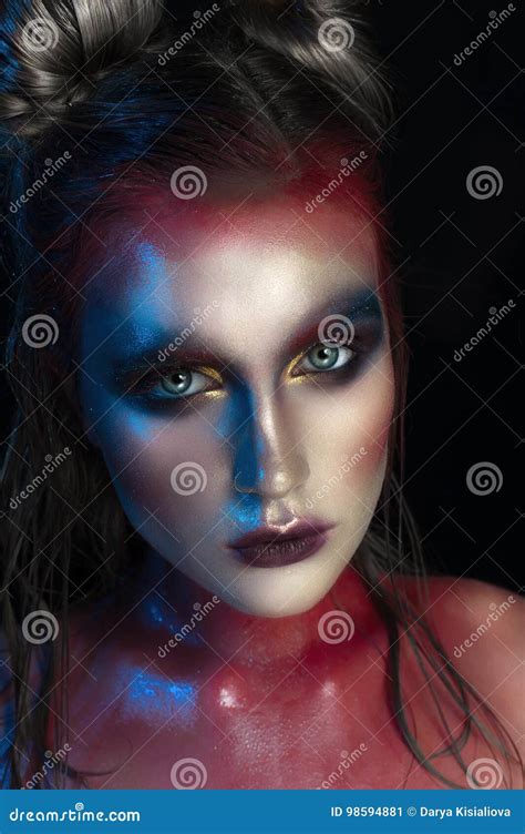 Beauty Close Up Portrait Of Beautiful Woman Model Face With Magic Creative Fashion Multicolored