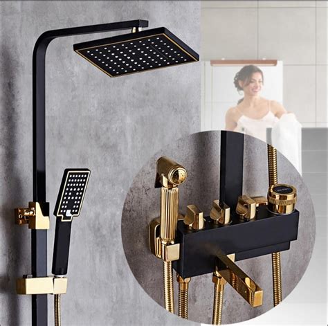 Europe Style Square Bath And Shower Faucet Brass Black And Gold Wall Mounted Shower Faucet Set