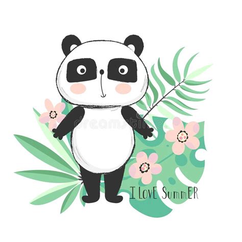 Cute Panda Bear With Tropical Leaves Stock Vector Illustration Of