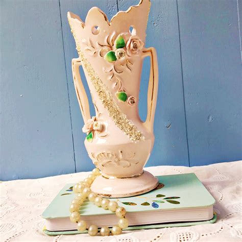 Vintage 1950s Pink Floral Handled Vase Vintage Shabby Chic Pink Vase Vintage Cottage Chic Vase