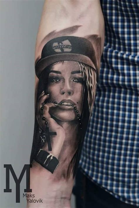 Portrait Style Colored Forearm Tattoo Of Seductive Woman With Hat Tattooimages
