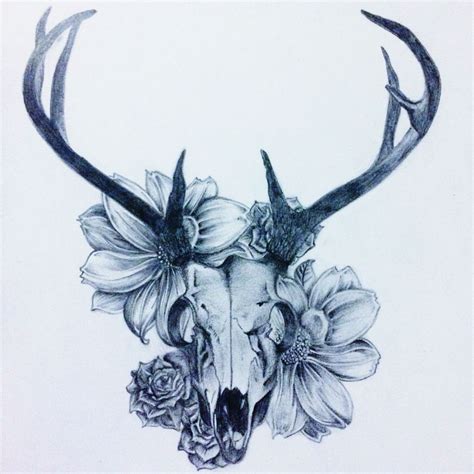 Deer Skull Drawing With Flowers Drawqu