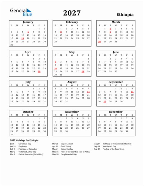 Free Printable 2027 Ethiopia Holiday Calendar