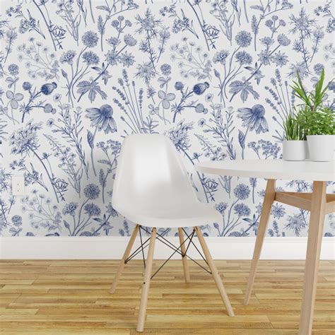 Pre Pasted Wallpaper 2ft Wide Wild Flowers Flower White Vintage Blue
