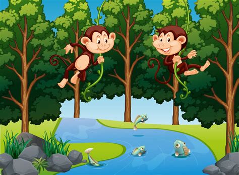 Monkey Hanging On Vine In Forest 359956 Vector Art At Vecteezy