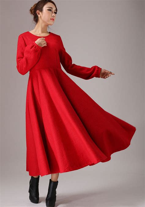 Wool Maxi Dress Red Long Dress Long Sleeve Dress 766 Xiaolizi