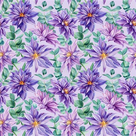 Violet Seamless Patterns Of Eucalyptus Clematis Flowers Floral
