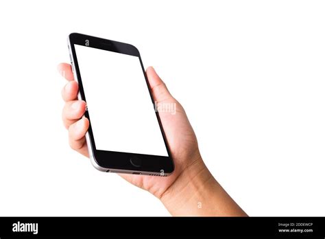 Woman Hand Holding A Smartphone Blank White Screen Female Holds The