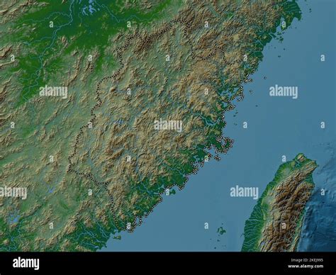 Fujian Province Of China Colored Elevation Map With Lakes And Rivers