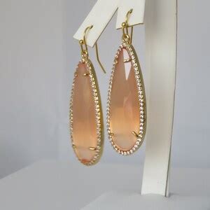 Peach Long Teardrop Gold Earrings With Pave Crystal Accents Etsy