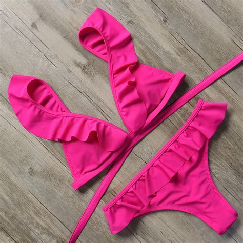 2018 Sexy Ruffled Bikinis Women Halter Bandage Swimwear Push Up Swimsuit Brazilian Beach Swim