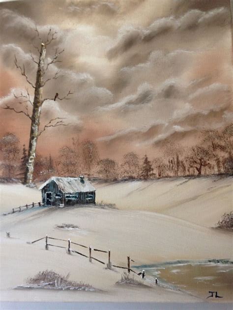 A little pencil sketch inspired by the late, great bob ross. Winter cabin - Bob Ross style Oil painting | Winter ...