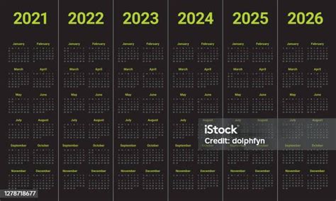 Jahr 2021 2022 2023 2024 2025 2026 Kalender Vektordesignvorlage Stock