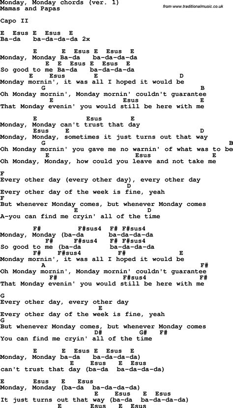 Song Lyrics With Guitar Chords For Monday Monday