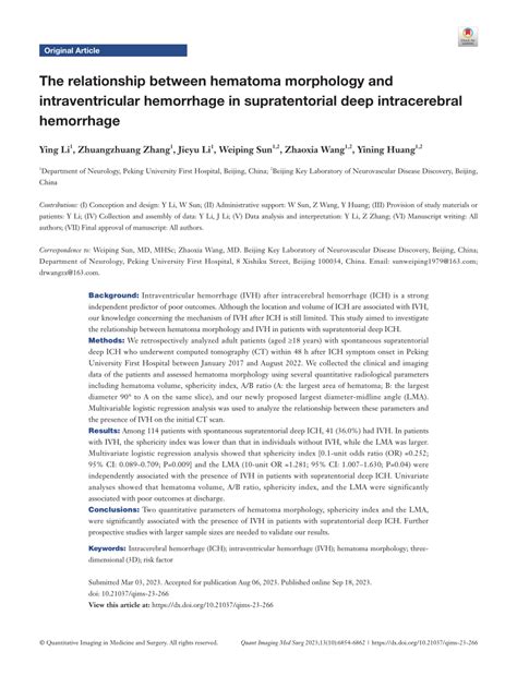 Pdf The Relationship Between Hematoma Morphology And Intraventricular
