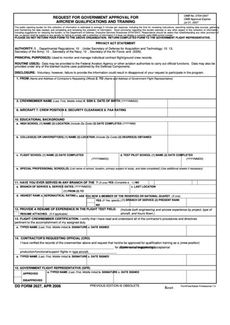 Fillable Dd Form 2627 Request For Government Approval For Aircrew