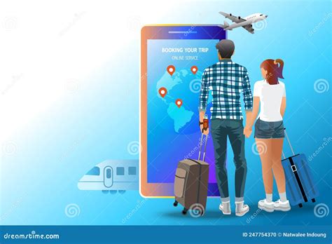 Online Booking Service Vector Illustration Man And Woman With Travel Book Luggage On