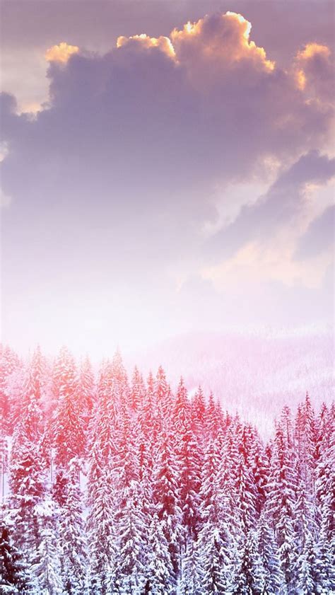 Landscape Winter Snow Trees Mountains Forest Sky Clouds Iphone