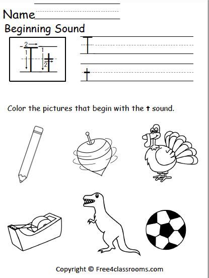 Free Beginning Sounds Worksheet Letter T Kindergarten Phonics