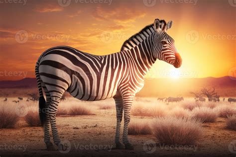 Zebra In Savannah African Wildlife On Sunset Background Africa Day