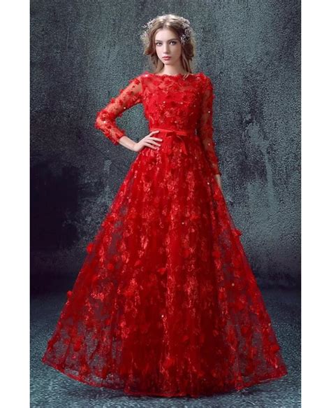 Vintage All Lace Red Prom Dress Long With Floral Beading Agp18079