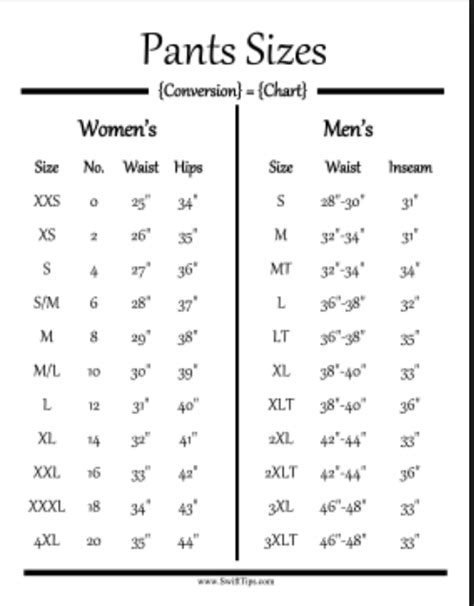 Women S Pants Size Conversion Chart To Men In 2020 Sewing