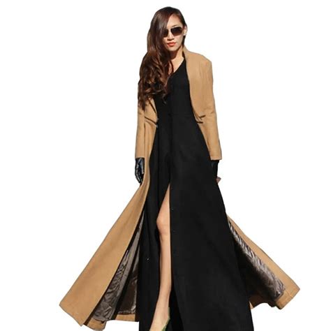 Autumn Winter Women Floor Length Maxi Jackets Casual Long Thin Woolen