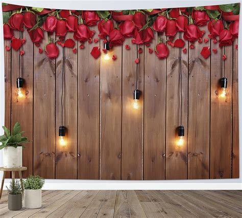 Valentine's Day Tapestry Wall Hanging Red Roses Flower on Rustic Planks