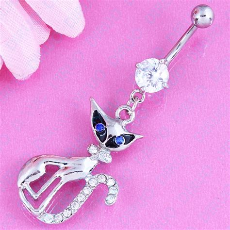 Zircon Piercing Dangle Cat Pendant Belly Navel Ring Fashion Woman Body Piercing Jewelry 14g 316l