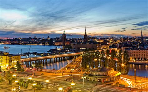 Wallpaper City Night View River Bridge Roads Lights Stockholm