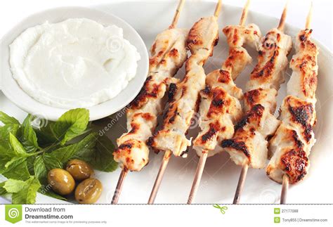 Shish Taouk Chicken Shish Kebab On White Platter Royalty Free Stock