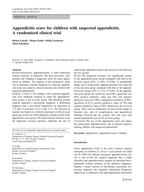 Pdf A Diagnostic Score For Children With Suspected Appendicitis